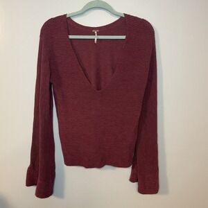 FREE PEOPLE Maroon Bell Sleeve‎ Wool Blend Deep V Neck Sweater XS